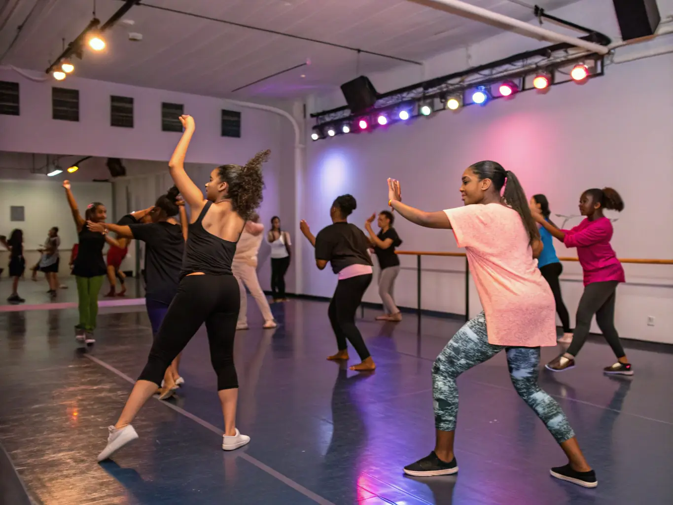 A group of dancers of various ages and backgrounds joyfully participating in a contemporary dance workshop, led by an instructor in a spacious studio with natural light.