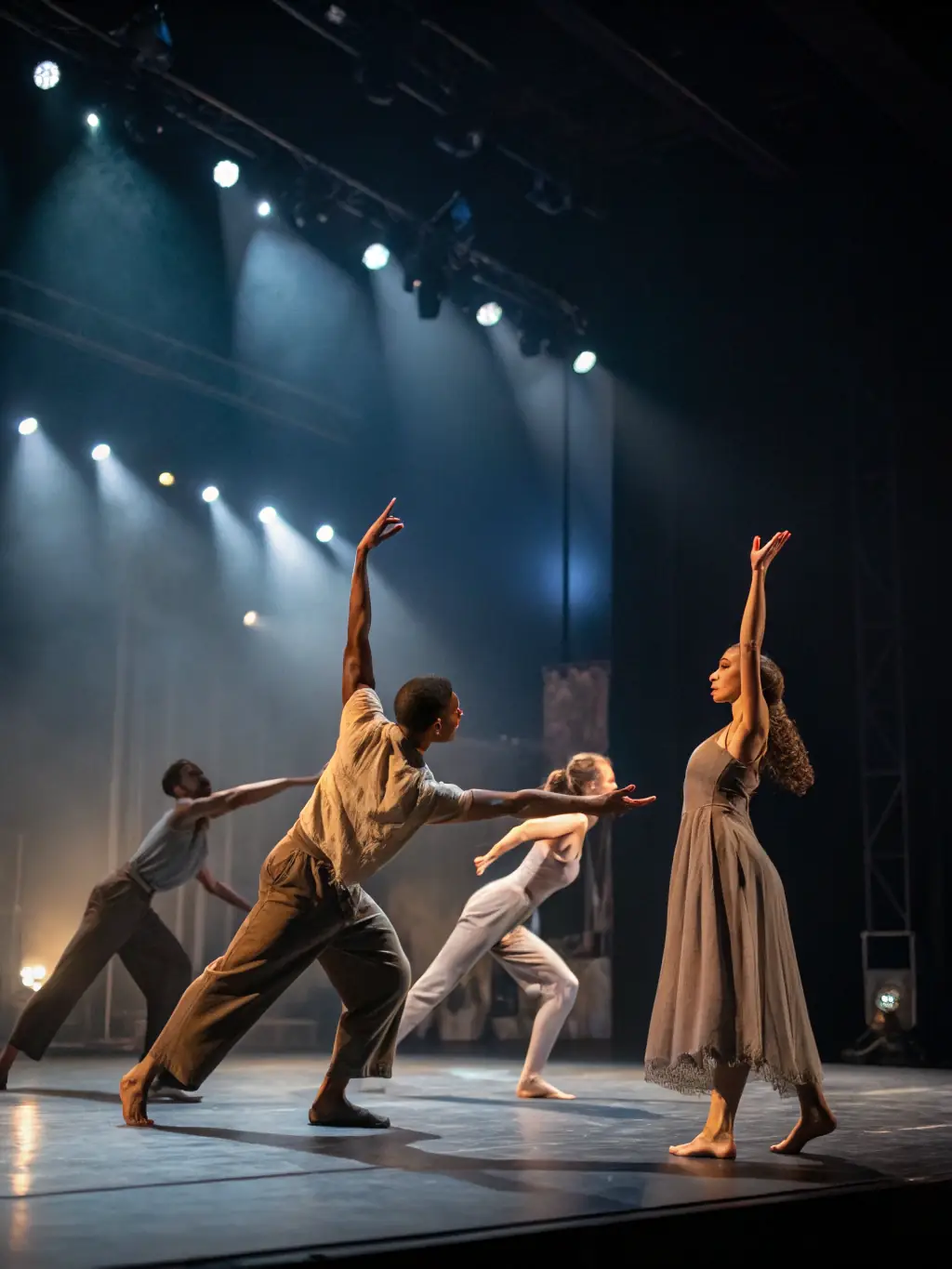 A photograph capturing the energy of a modern dance class, with dancers expressing themselves through fluid movements and innovative choreography.