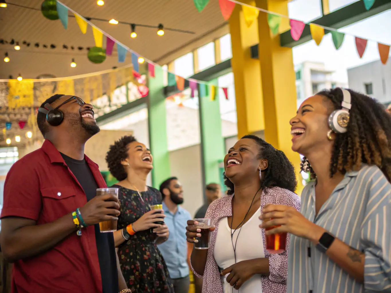 A diverse group of people laughing and connecting during a social dance event, highlighting the sense of community and camaraderie within DANSES PLANCOETINES.