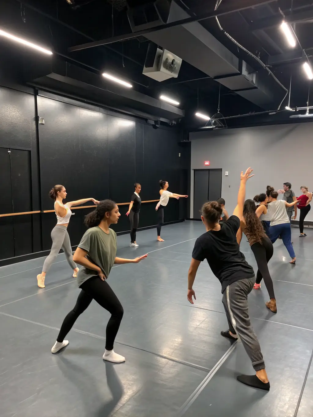Adults participating in a contemporary dance workshop, expressing emotion through movement, emphasizing the expressive and creative aspects of dance at DANSES PLANCOETINES.