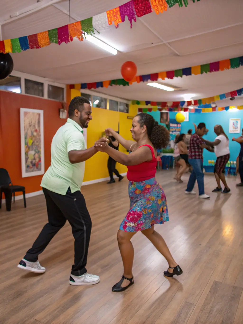 An image of a group of adults enjoying a lively salsa dance session, emphasizing the fun and social aspects of dance.