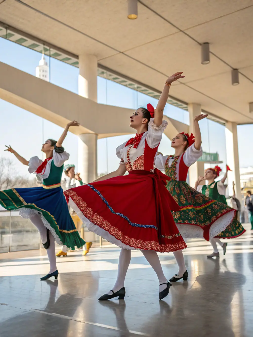 A picture of a diverse group participating in a traditional folk dance, highlighting cultural heritage and community spirit.