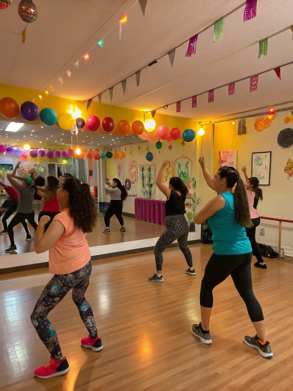 A dance instructor leading a Zumba class, with participants of various ages and fitness levels, promoting health and well-being through dance at DANSES PLANCOETINES.