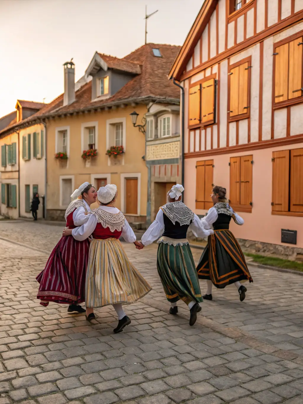 A diverse group of people dancing traditional Breton dances in a community hall, celebrating local culture and heritage, highlighting DANSES PLANCOETINES' commitment to cultural preservation.