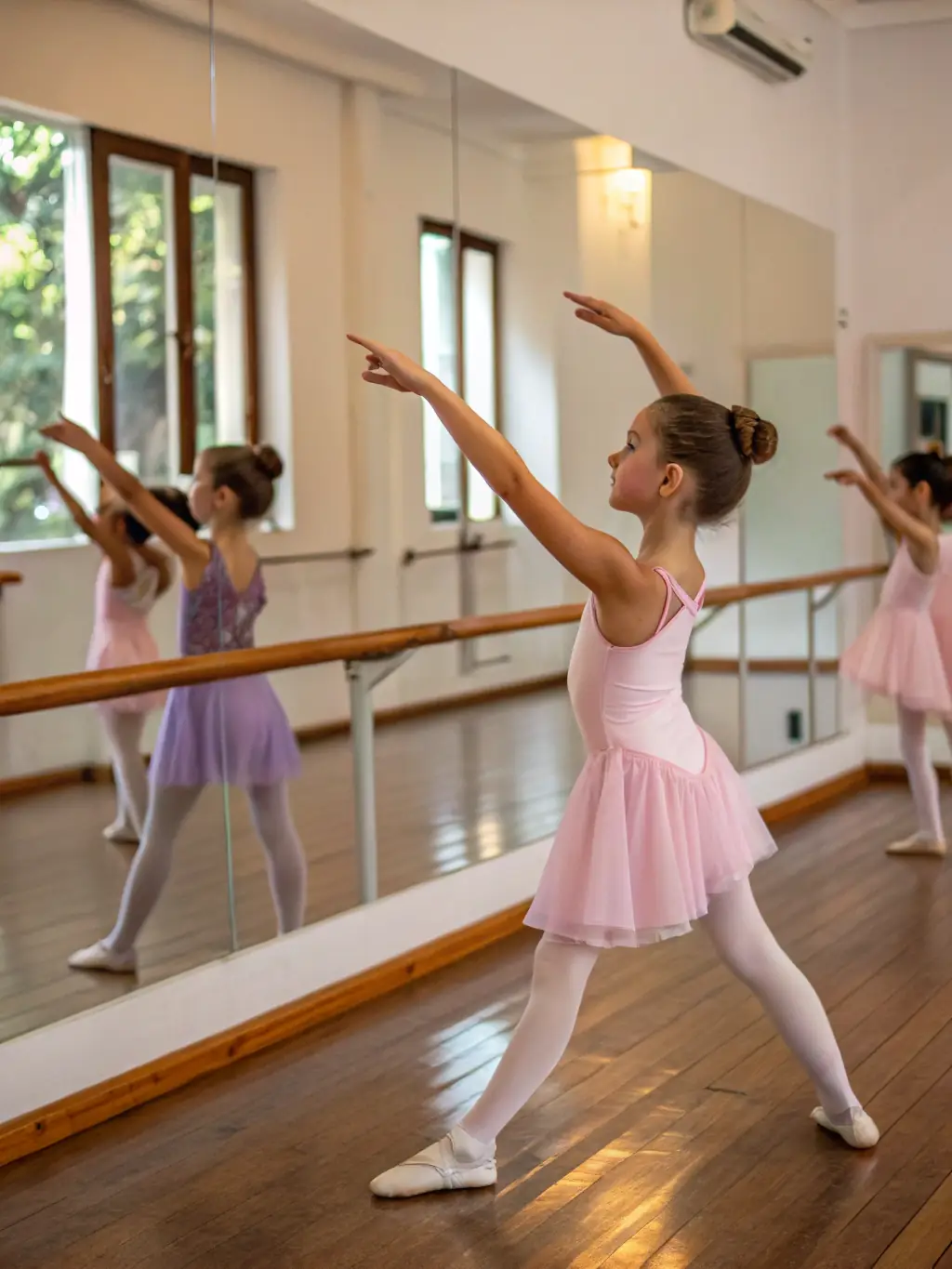 A group of children learning ballet in a brightly lit studio, focusing on posture and technique, showcasing the foundational dance program offered by DANSES PLANCOETINES.